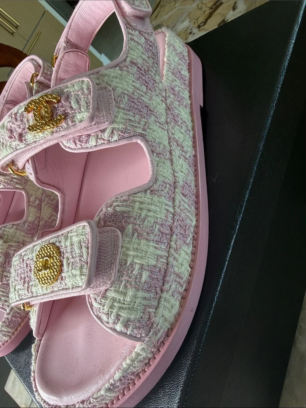 CHANEL Pink Tweed Women’s Sandals with Gold CC Buttons.